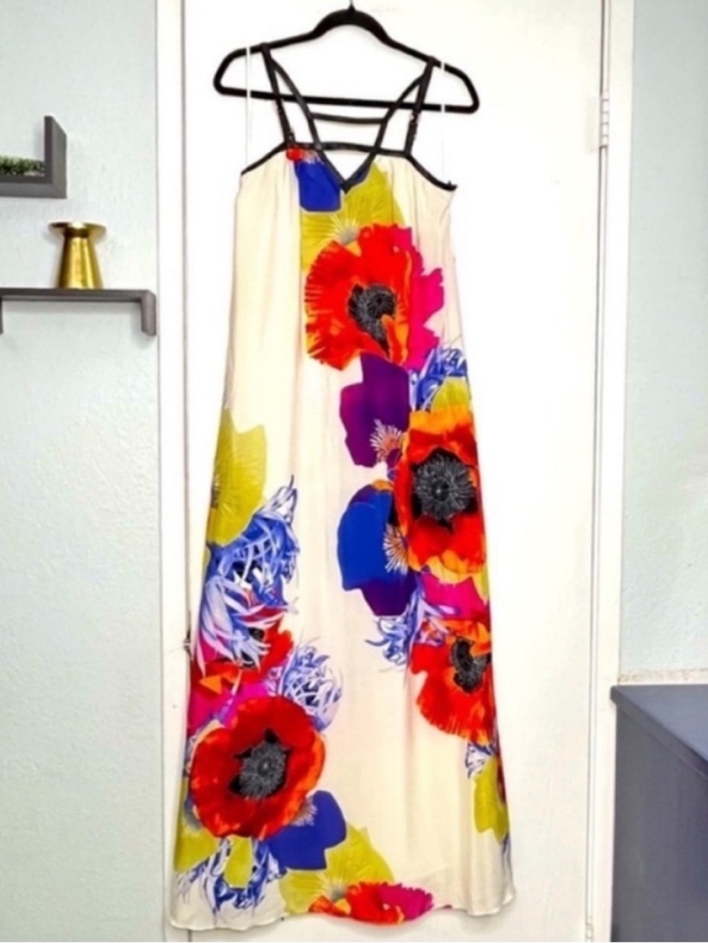 leifsdottir Silk White Maxi Dress with Bold Red, Purple & Blue Floral Print Sz 2